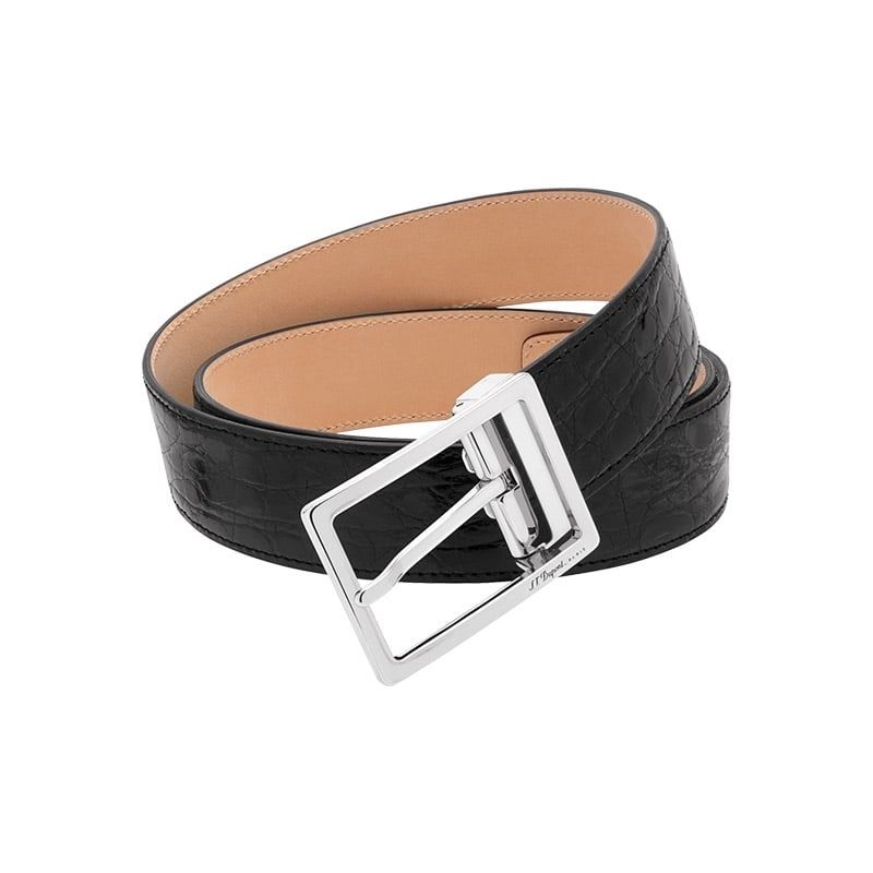 S T Dupont Black Caiman Leather Belt with Palladium 056140