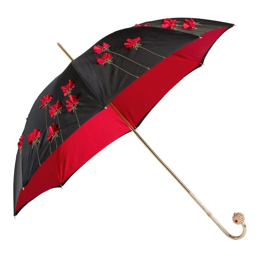 PASOTTI Ombrello Da Donna Lux Nero Con Papaveri Rossi Applicati Interno Rosso  309*34*26*P17