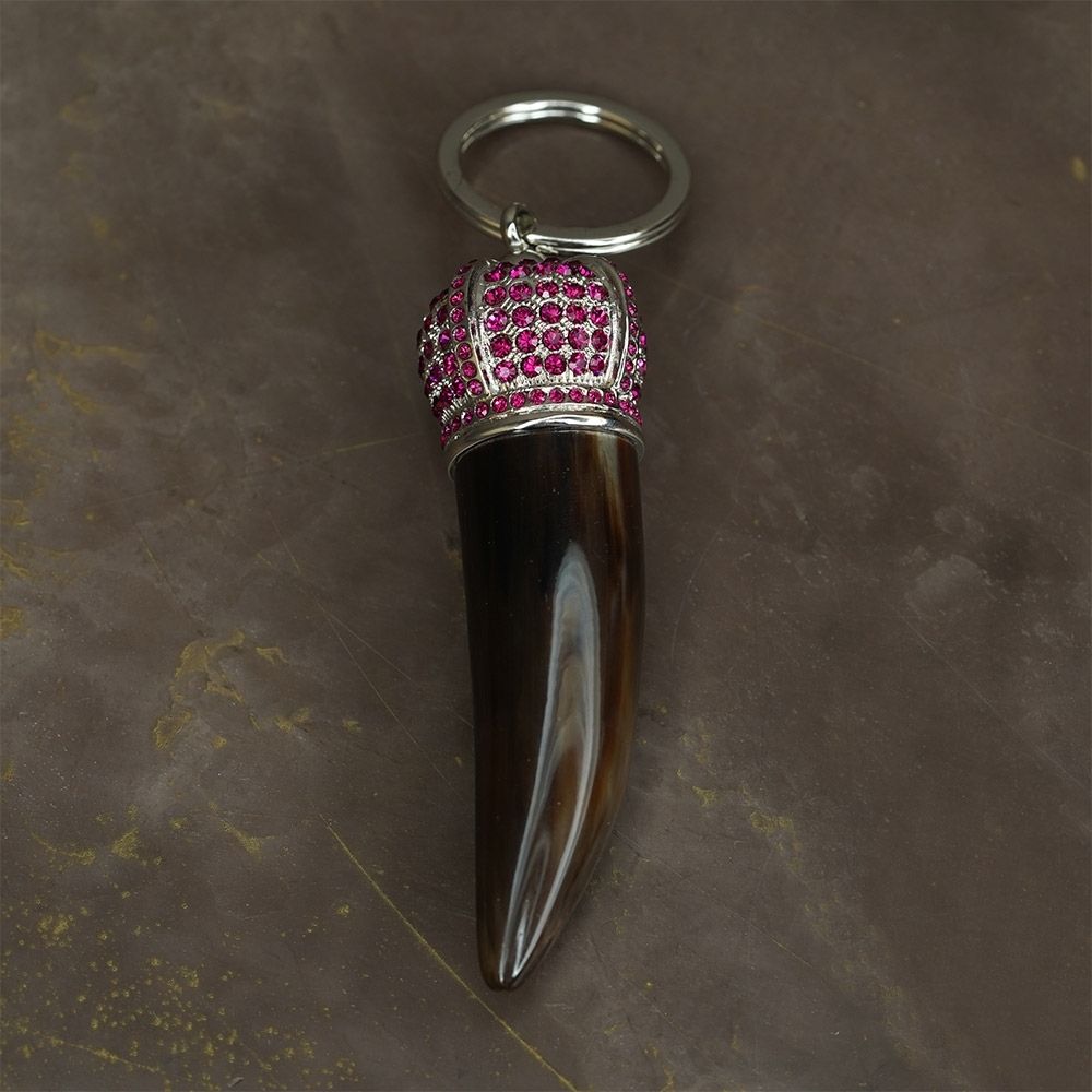 ARCAHORN Portachiavi Corno Portafortuna In Corno Scuro \ Corona Swarovski Rossi H 9.5 CM 0707S