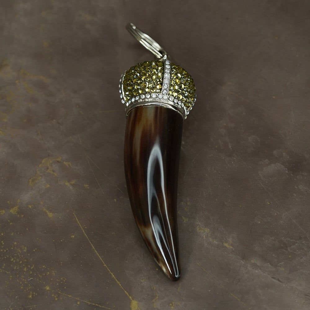 ARCAHORN Portachiavi Corno Portafortuna In Corno Scuro \ Corona Swarovski Verdi H 9.5 CM 0703S