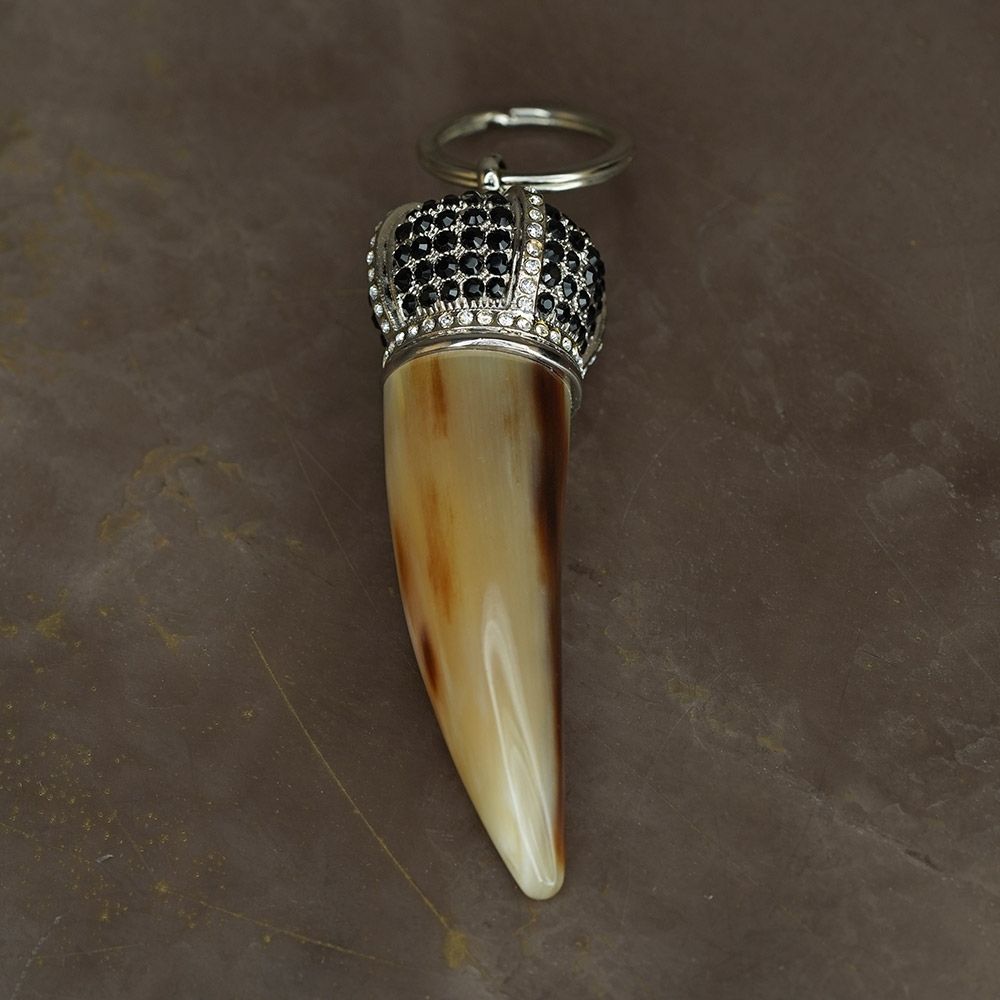 ARCAHORN Portachiavi Corno Portafortuna In Corno Chiaro \ Corona Swarovski Neri H 9,5 CM 0701C