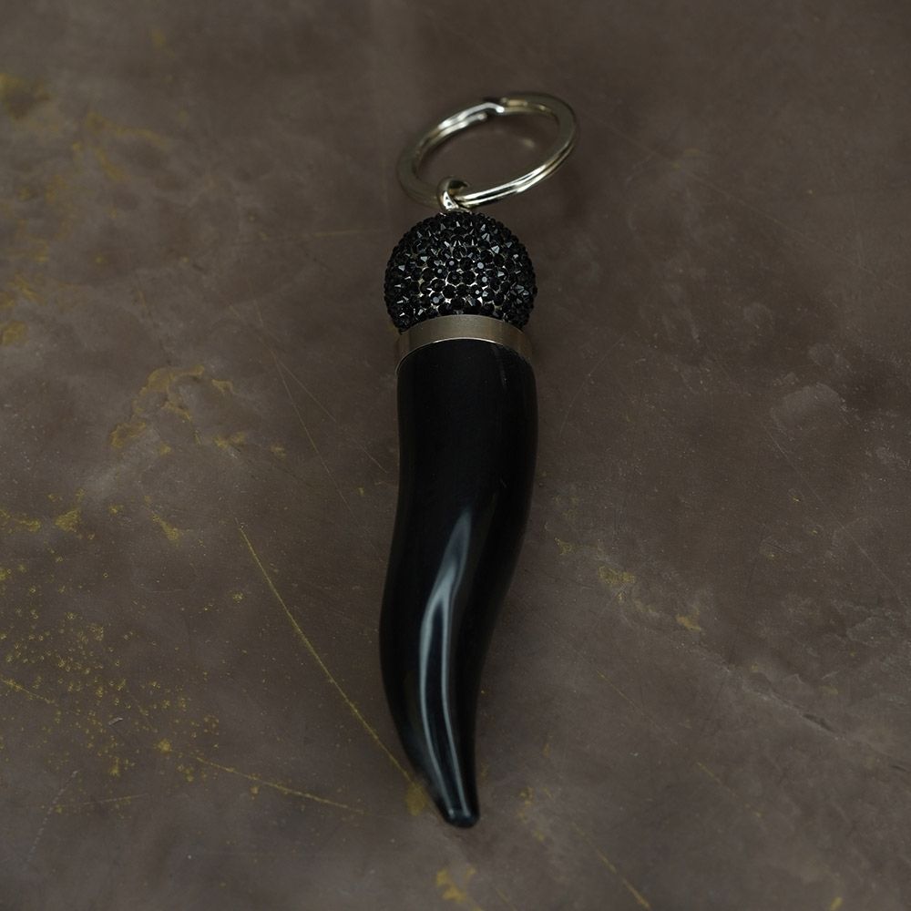 ARCAHORN Portachiavi Corno Portafortuna In Corno Scuro \ Sfera Swarovski Neri H 9,5 CM 2019S
