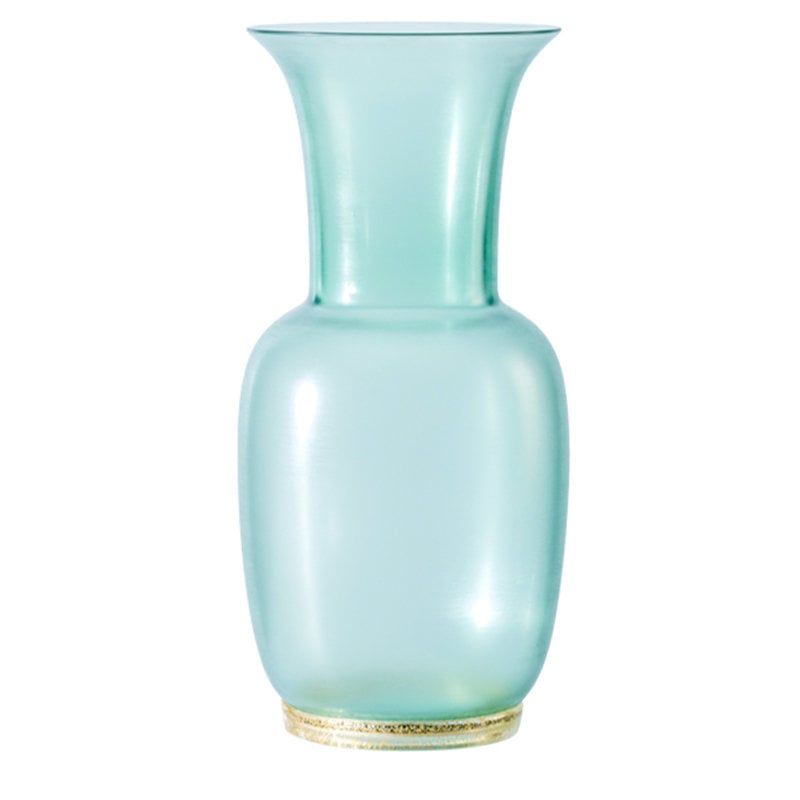 VENINI Vaso Opalino Satin Verde Rio Foglia Oro/Cristallo  20 CM – H 42 CM 706.24
