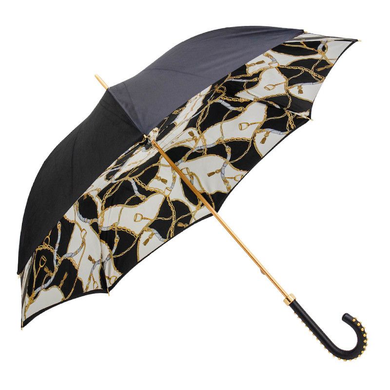 PASOTTI Ombrello Da Donna Classic Nero Interno Fantasia Briglie Oro Sfondo Bianco/Nero  189*34*5G313/39*H19
