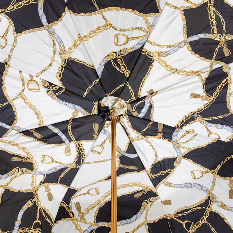PASOTTI Ombrello Da Donna Classic Nero Interno Fantasia Briglie Oro Sfondo Bianco/Nero  189*34*5G313/39*H19