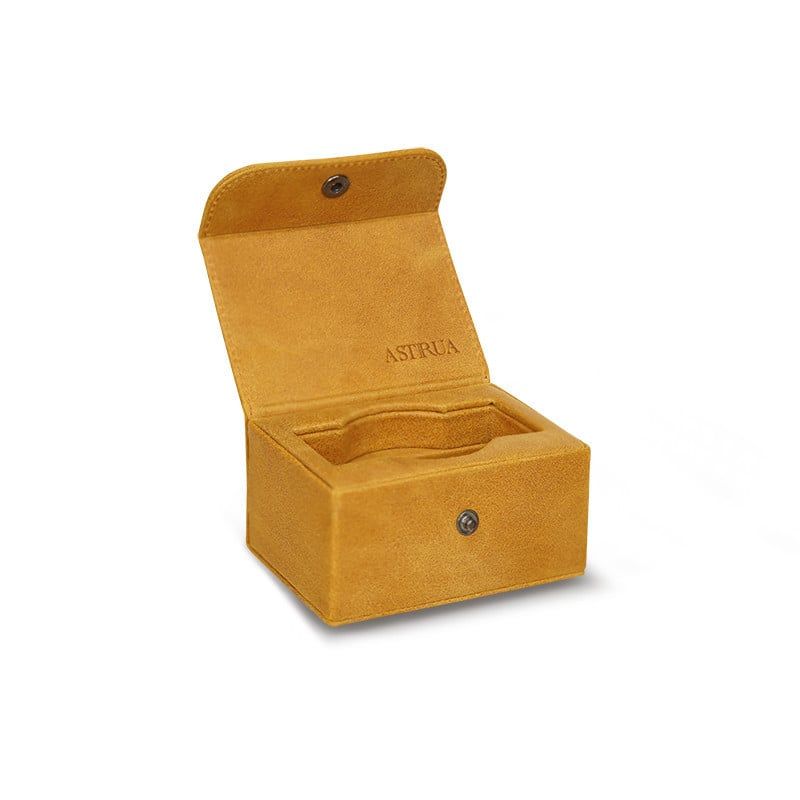 SCATOLA DEL TEMPO Portaorologi Da Viaggio 1 Posto Pelle Vintage Giallo Ocra Edizione Astrua  
