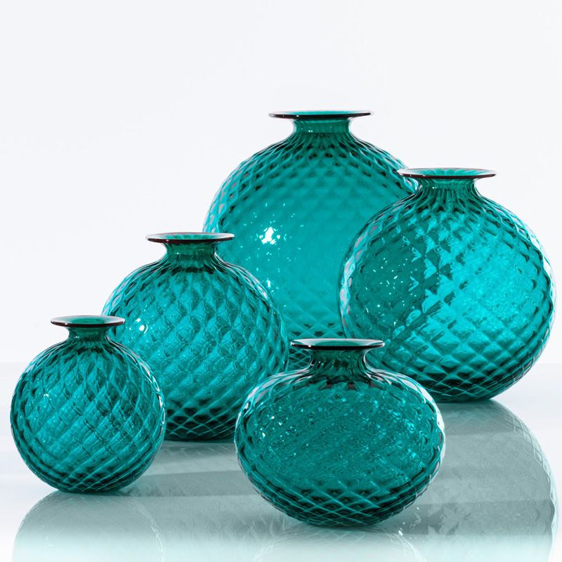 VENINI Vaso Monofiore Balloton Verde Paraiba/Filo Rosso  18 CM - H 20.5 CM 100.18
