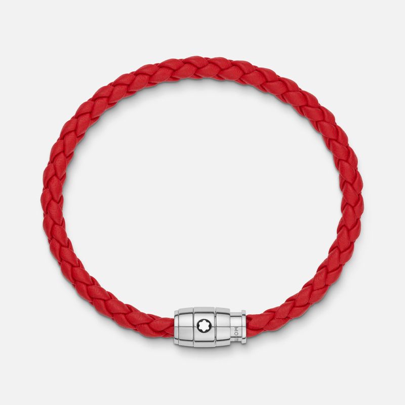 MONTBLANC Bracciale In Acciaio e Pelle Rossa Con Chiusura a 3 Anelli  130902