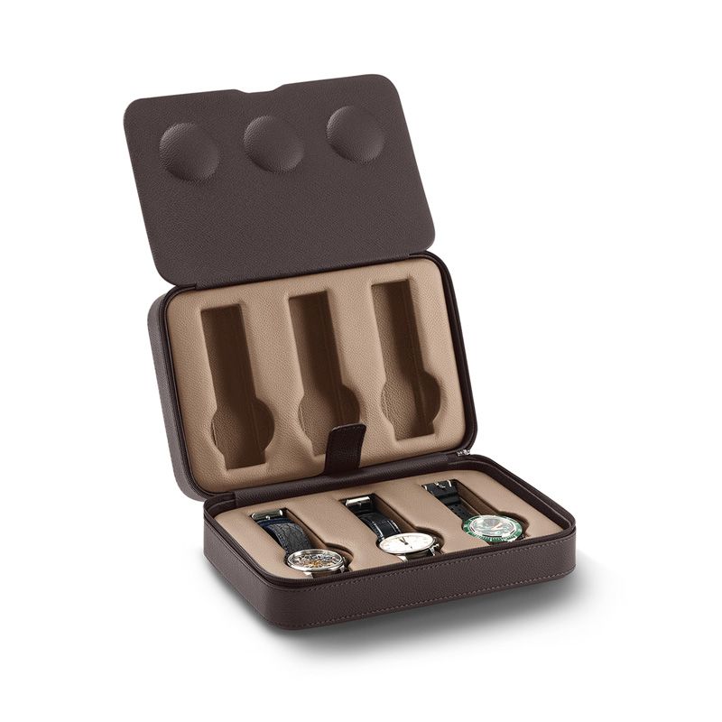 SCATOLA DEL TEMPO Portaorologi Da Viaggio 6 Posti Pelle Grana Dollaro Cioccolato/Castagno  