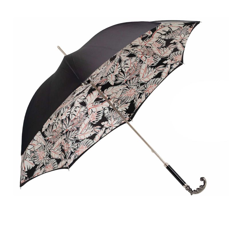 PASOTTI Ombrello Da Donna Classic Nero Interno Foglie Bianche  189N