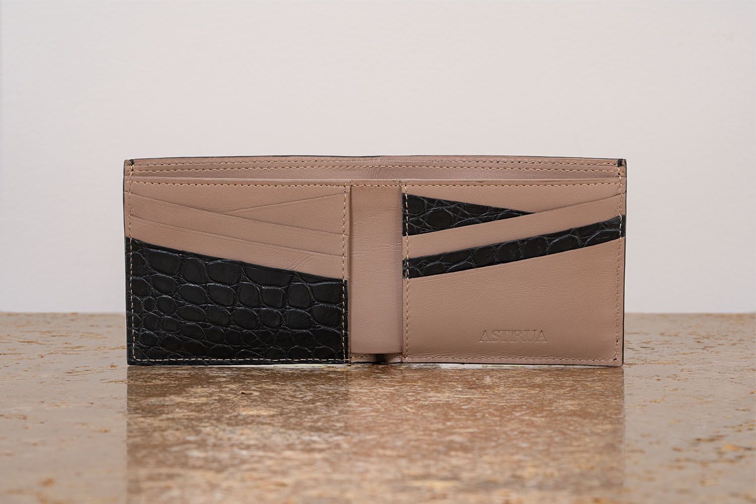 ASTRUA Creazioni Portafoglio Orizzontale Coccodrillo Opaco Nero Int. Beige Dett. Coccodrillo  PO1AO30-P182