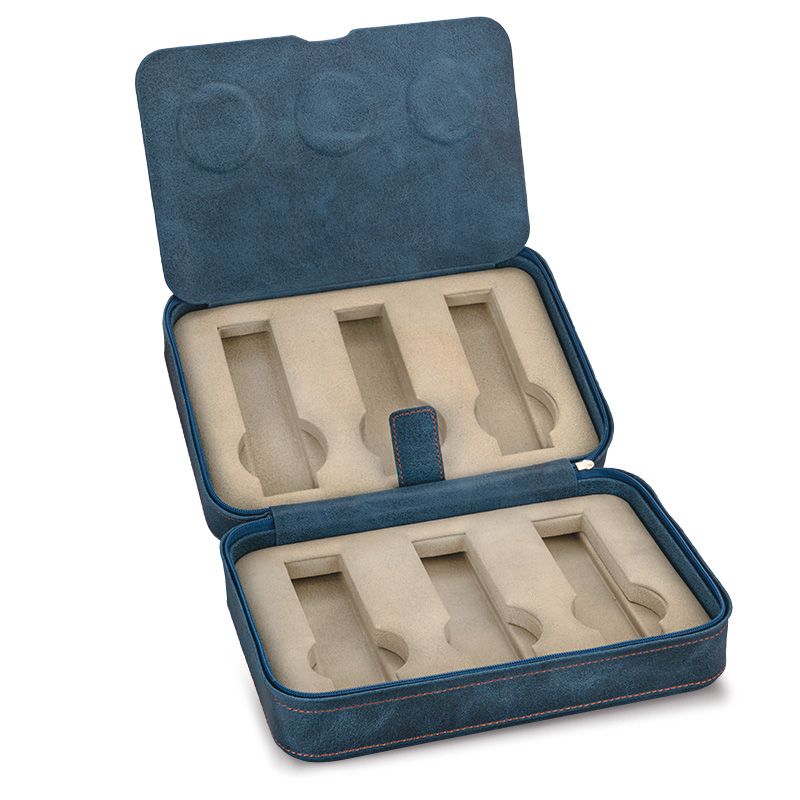 SCATOLA DEL TEMPO Portaorologi Da Viaggio 6 Posti Pelle Vintage Blu Int. Grigio Edizione Astrua  Viaggio6