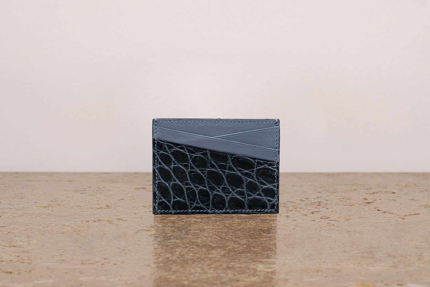 ASTRUA Creazioni Portacarte In Pelle Di Vitello Denim Dettagli Coccodrillo Lucido Notte  PC1VI80-P436/M