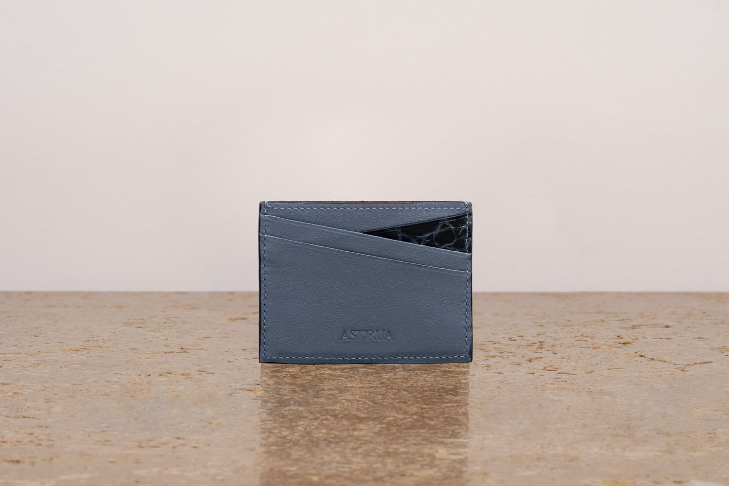 ASTRUA Creazioni Portacarte In Pelle Di Vitello Denim Dettagli Coccodrillo Lucido Notte  PC1VI80-P436/M