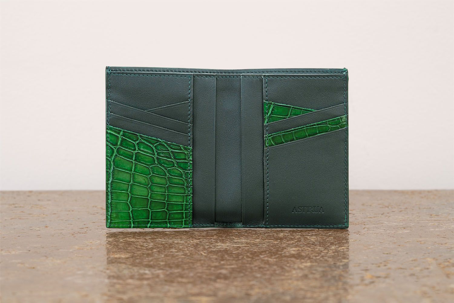 ASTRUA Creazioni Portafoglio Verticale Vitello Tamponato Verde Int. Dett. Coccodrillo  PV1VT05-P410/M