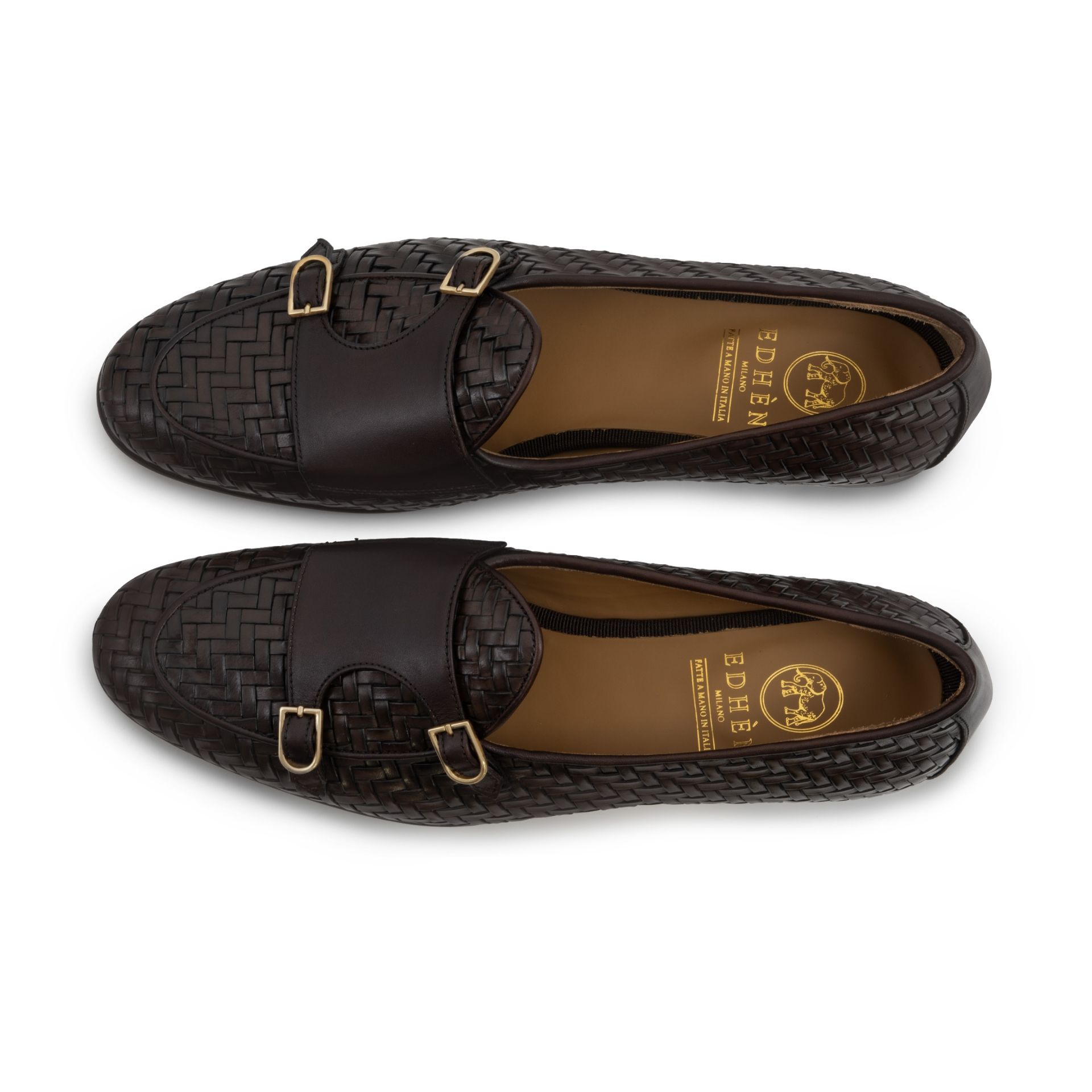 EDHÈN MILANO Brera - Scarpa Doppia Fibbia Pelle Intrecciata Marrone  ALB099WOVBRWBOXBRW