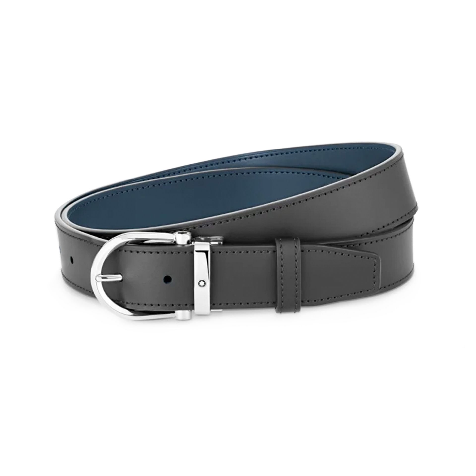 MONTBLANC Cintura Reversibile In Pelle Nera/Blu Con Fibbia a Ferro di Cavallo  128784