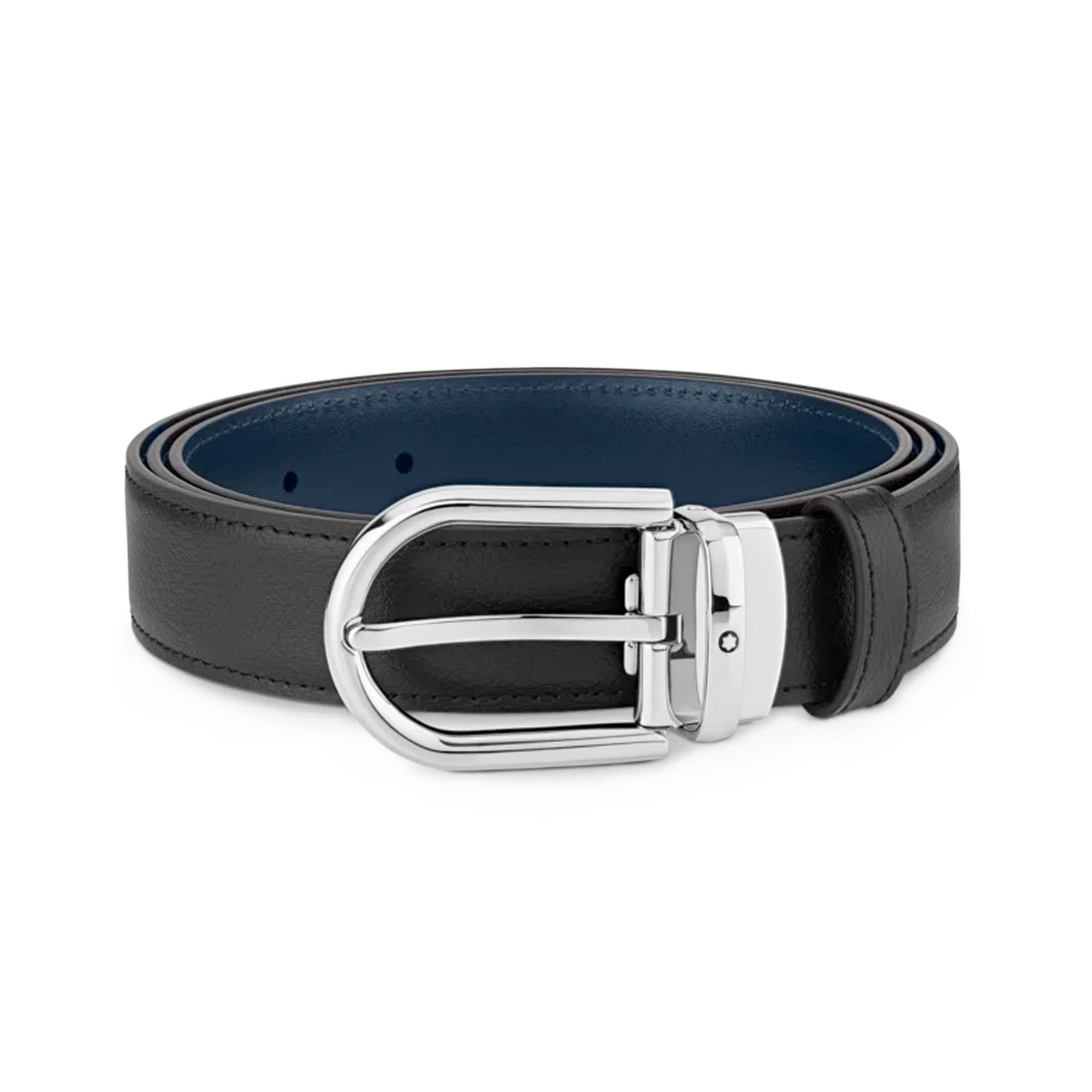 MONTBLANC Cintura Reversibile In Pelle Nera/Blu 30 Mm Con Fibbia a Ferro di Cavallo  128756