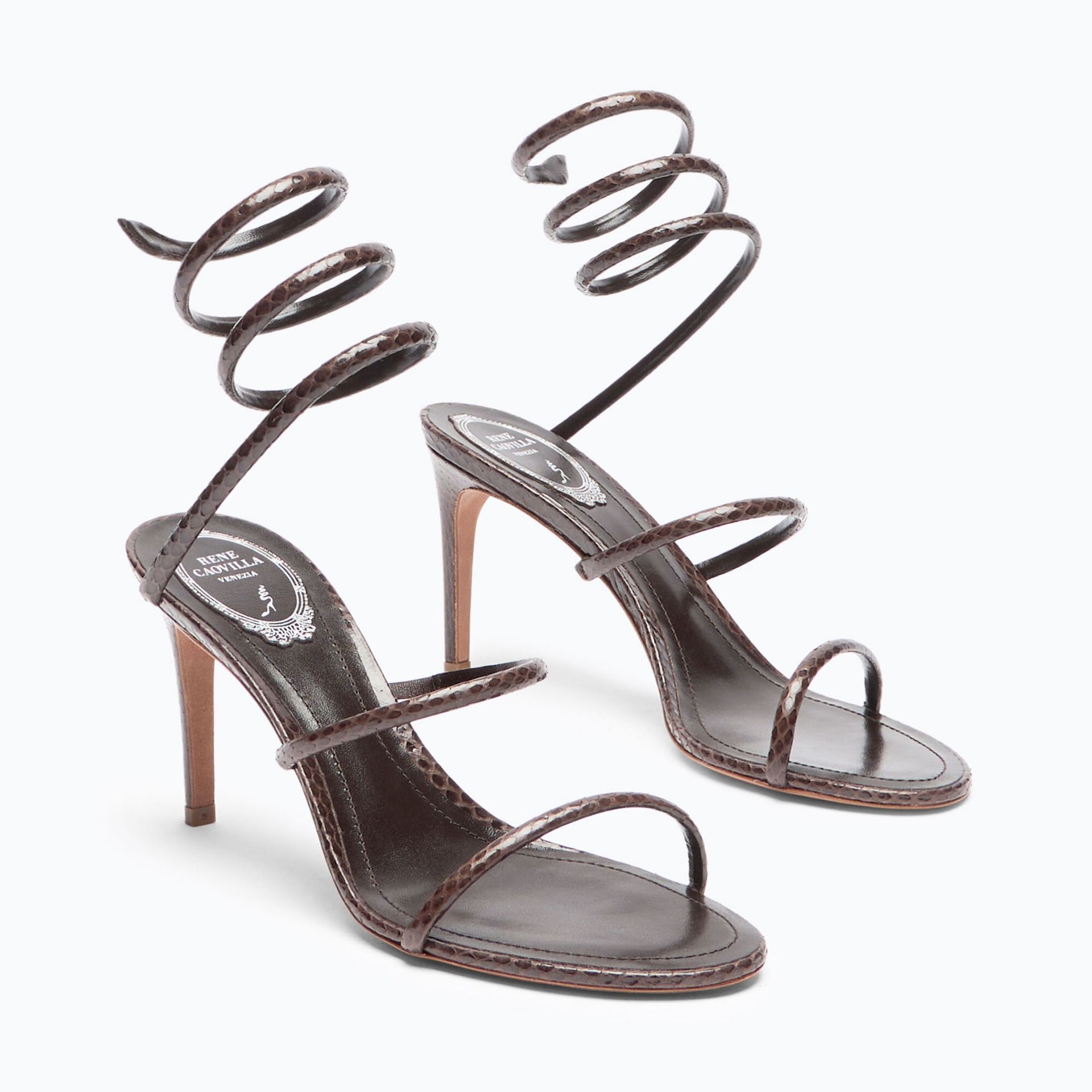 RENE CAOVILLA Cleo - Sandali Tacco Medio Serpente Ayers Marrone  C12478-080-AY015029
