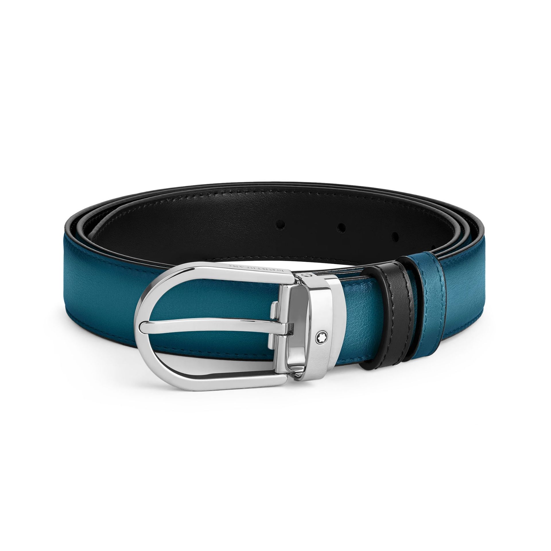 MONTBLANC Cintura Reversibile 30 Mm in Pelle Blu Fumé/Nera con Fibbia a Ferro di Cavallo  220024