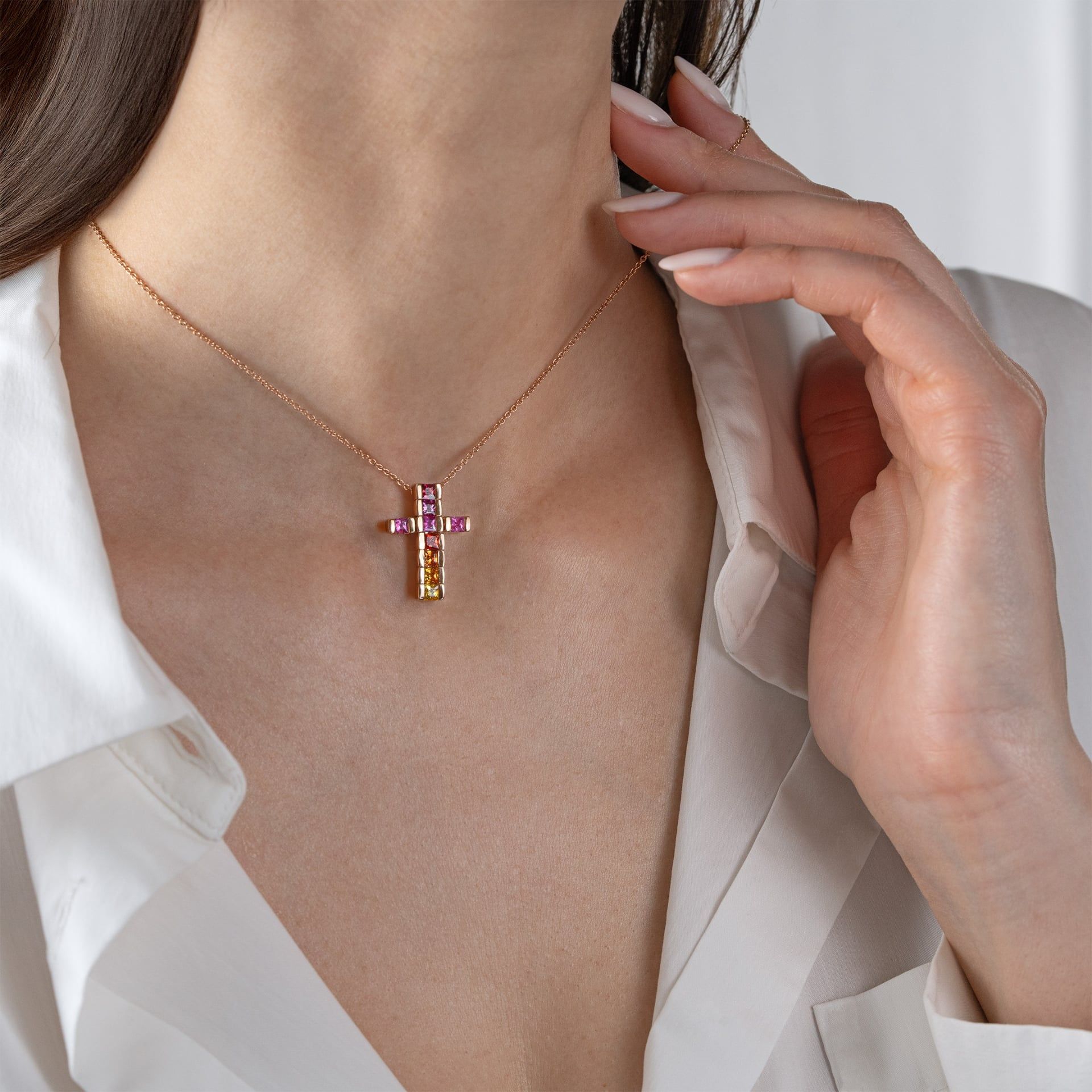 ASTRUA Ciondolo Petali Croce, Oro Rosa, Zaffiri  PE9513P.3
