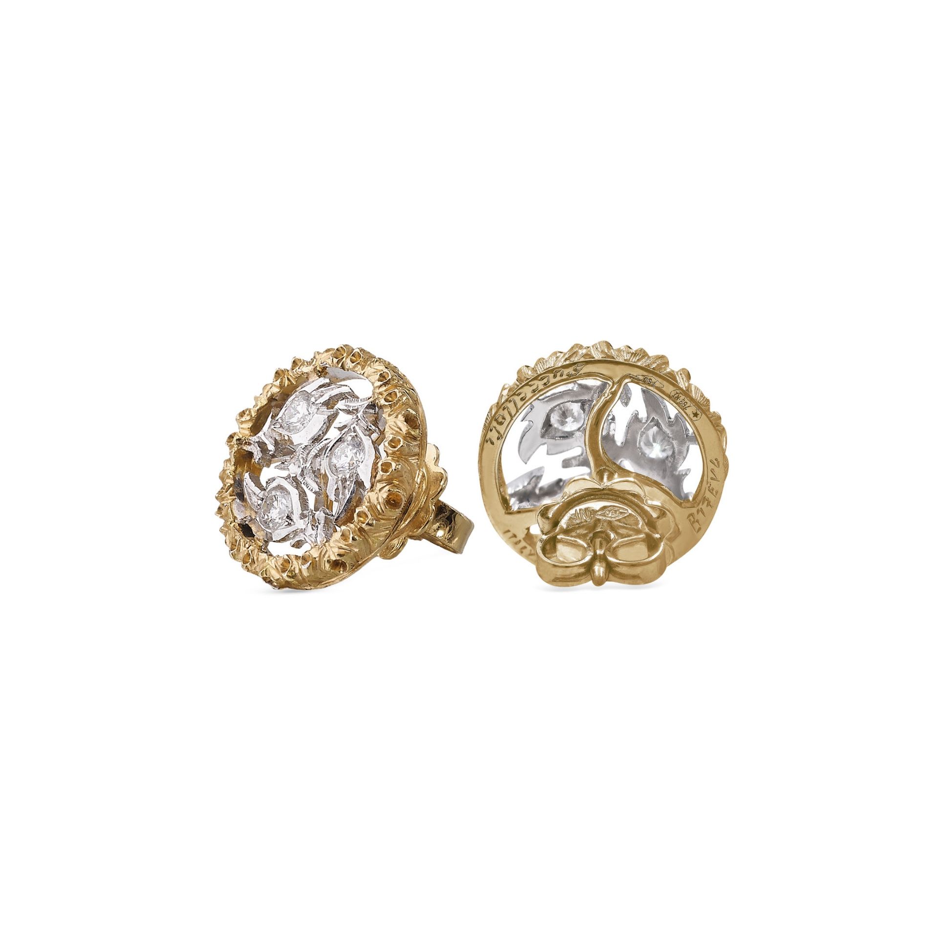 BUCCELLATI Orecchini a Bottone Ramage in Oro Bianco e Giallo con Diamanti  JAUEAR012848