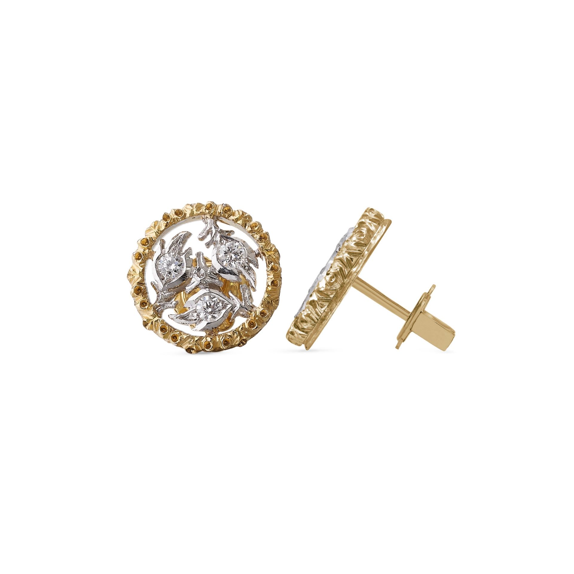 BUCCELLATI Orecchini a Bottone Ramage in Oro Bianco e Giallo con Diamanti  JAUEAR012848