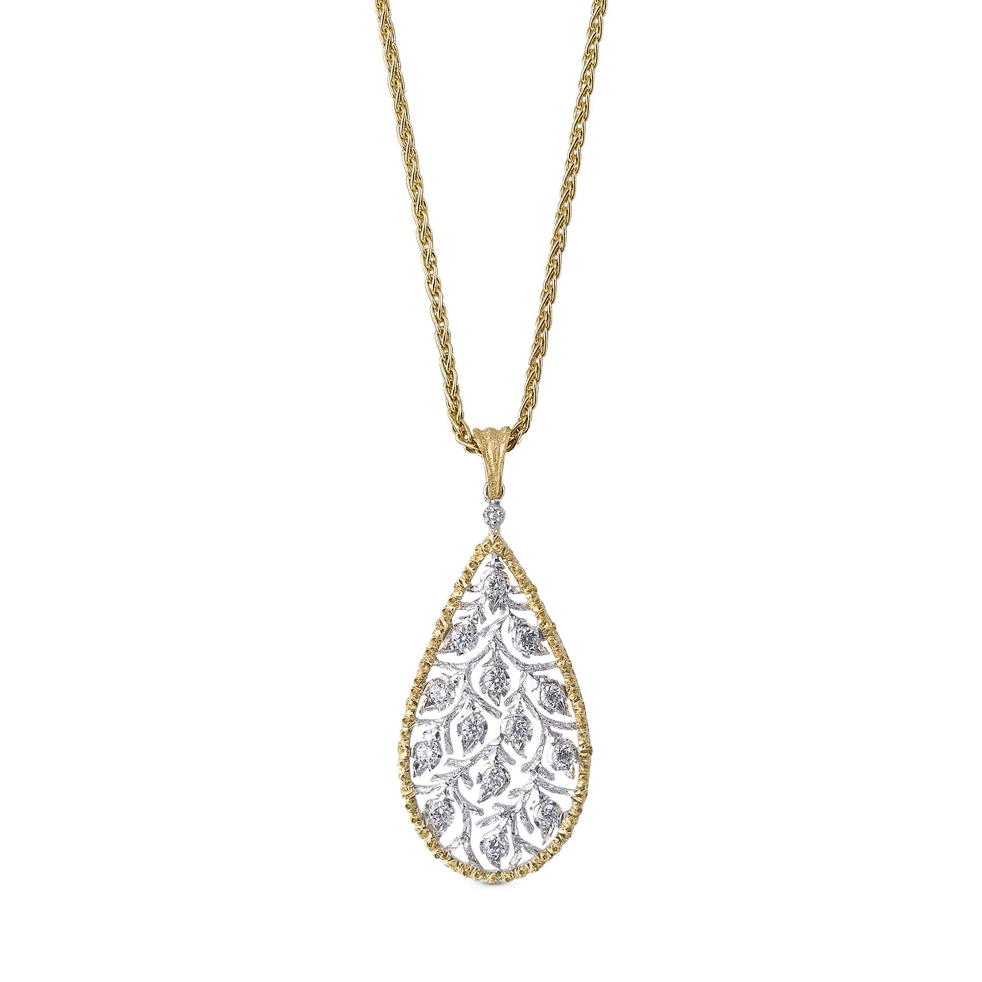 BUCCELLATI Pendente a Goccia Ramage in Oro Giallo e Bianco con Diamanti  JAUPEN009782