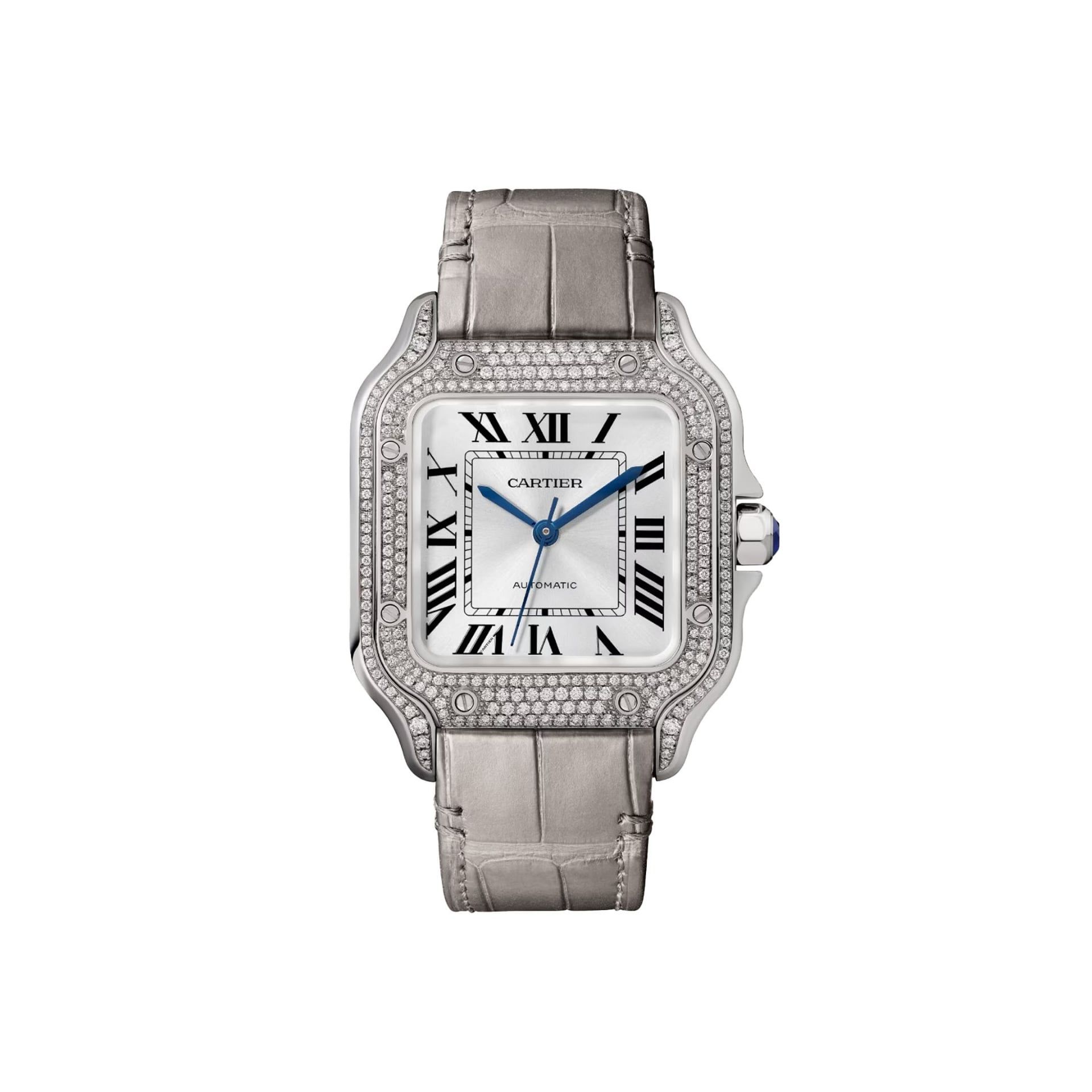 CARTIER Santos De Cartier Modello Medio, Oro Bianco, Diamanti, Pelle 35,1  MM WJSA0014