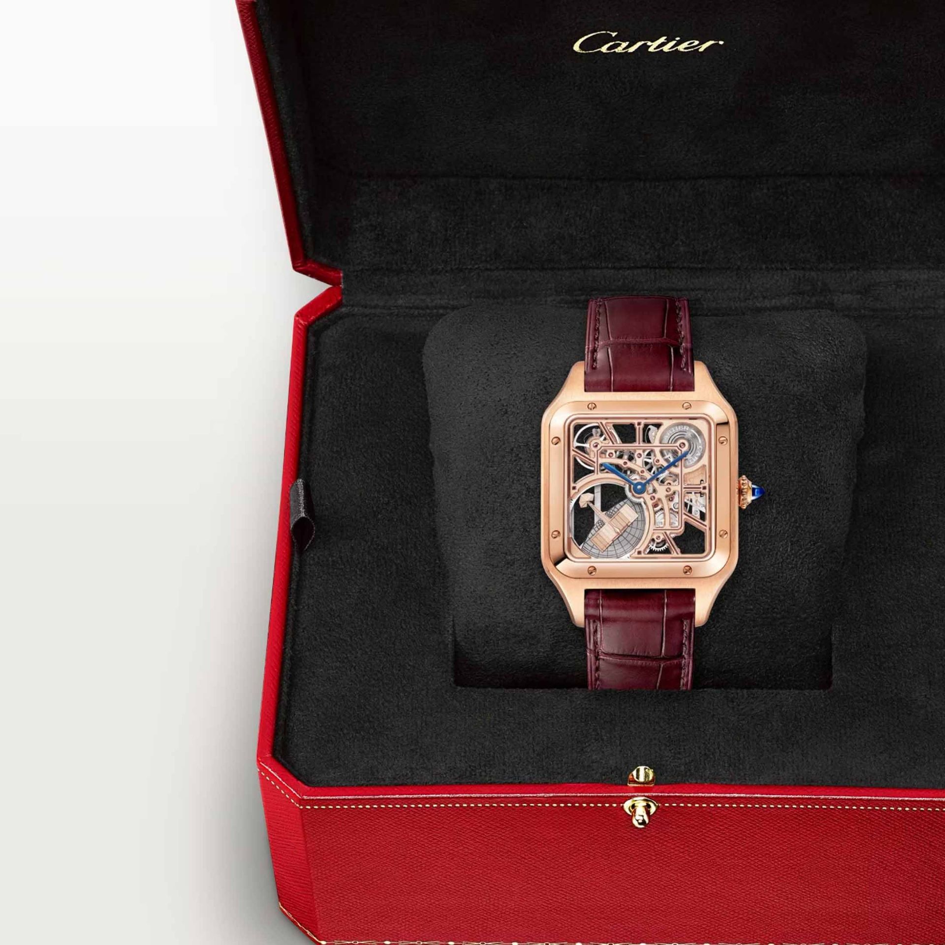CARTIER Santos-Dumont Scheletrato Modello Grande, Oro Rosa, Pelle 31 MM WHSA0030