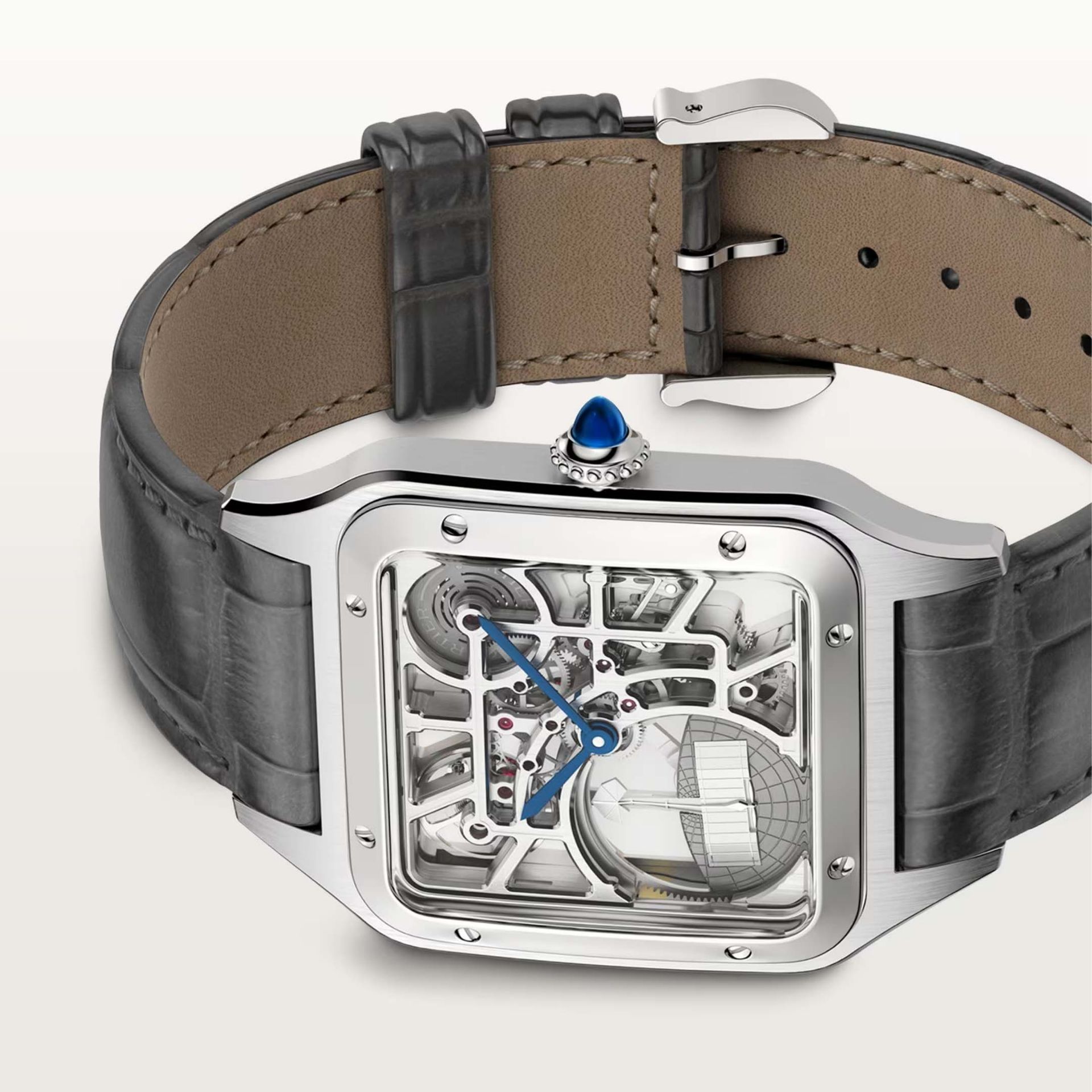 CARTIER Santos-Dumont Scheletrato Modello Grande, Acciaio, Pelle 31 MM WHSA0032