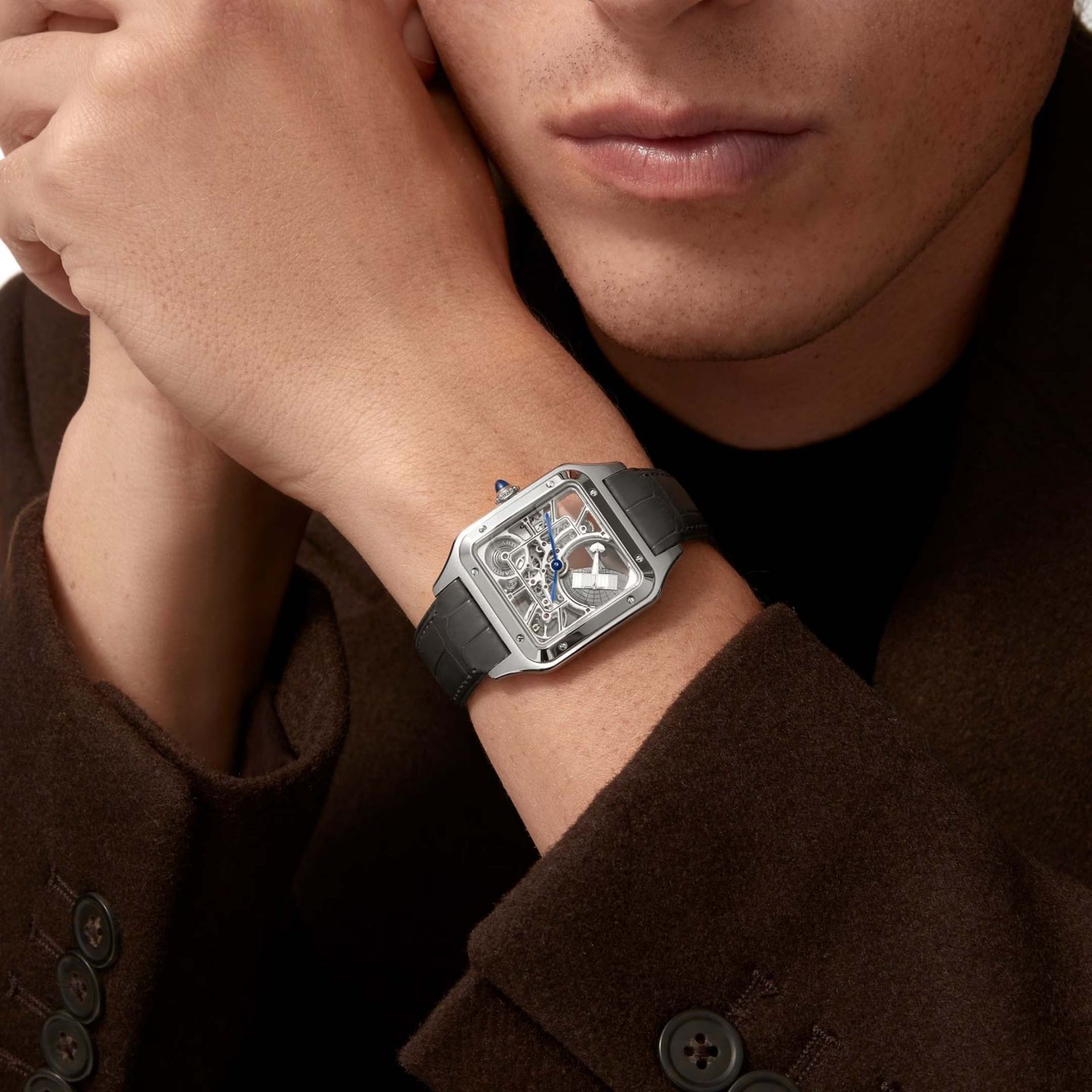 CARTIER Santos-Dumont Scheletrato Modello Grande, Acciaio, Pelle 31 MM WHSA0032