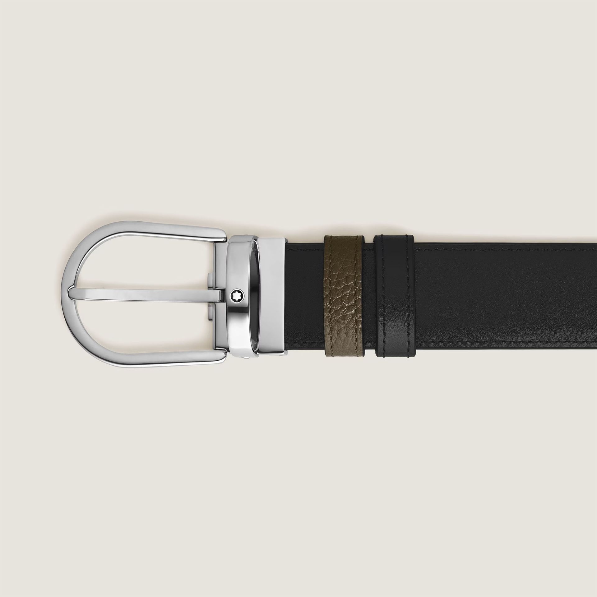 MONTBLANC Cintura Reversibile 35 Mm in Pelle con Grana Kaki/Nera con Fibbia a Ferro di Cavallo  198451