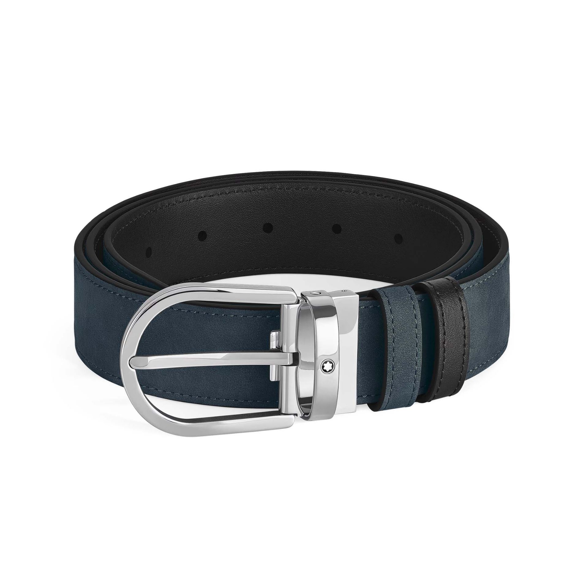 MONTBLANC Cintura Reversibile Horseshoe 35 mm in Suede Blu Velluto/Nera  220978