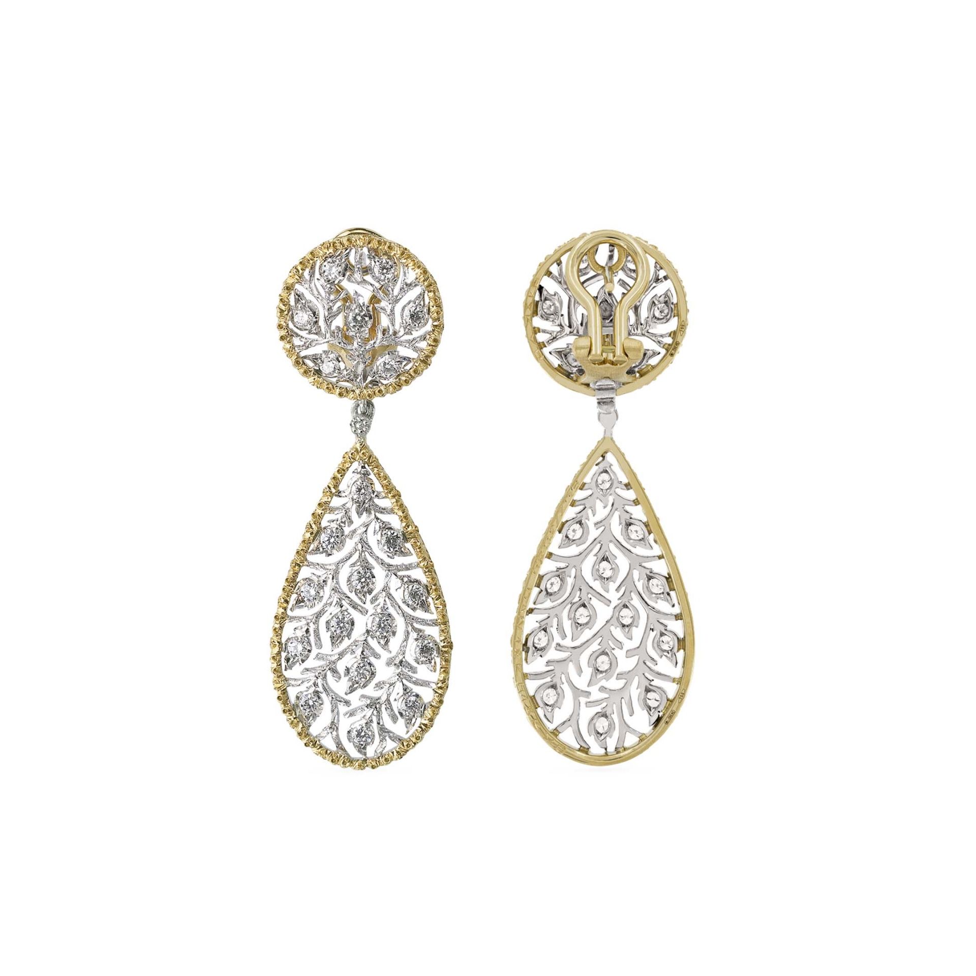 Buccellati Orecchini Pendenti Ramage in Oro Bianco e Giallo con Diamanti  JAUEAR006480