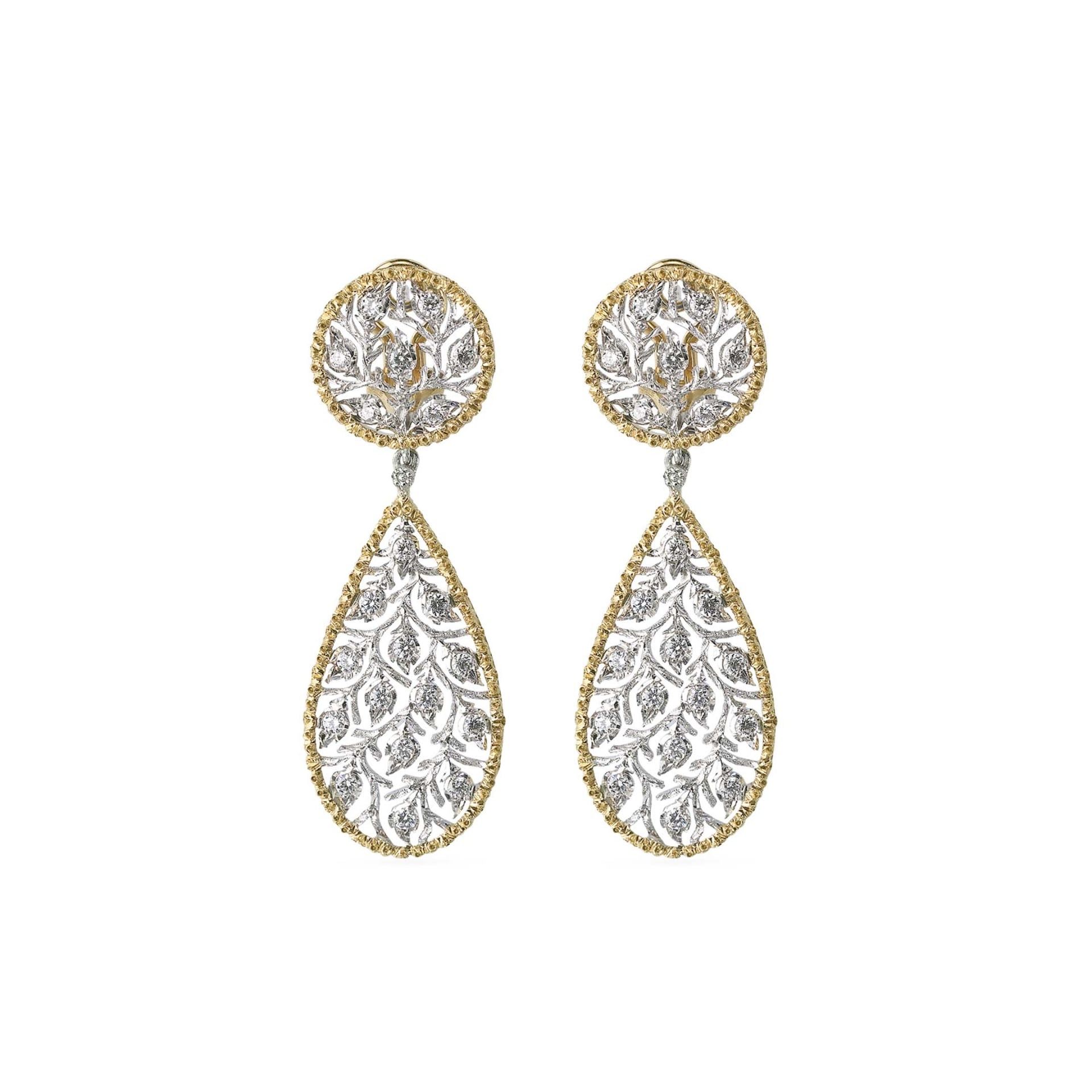 Buccellati Orecchini Pendenti Ramage in Oro Bianco e Giallo con Diamanti  JAUEAR006480