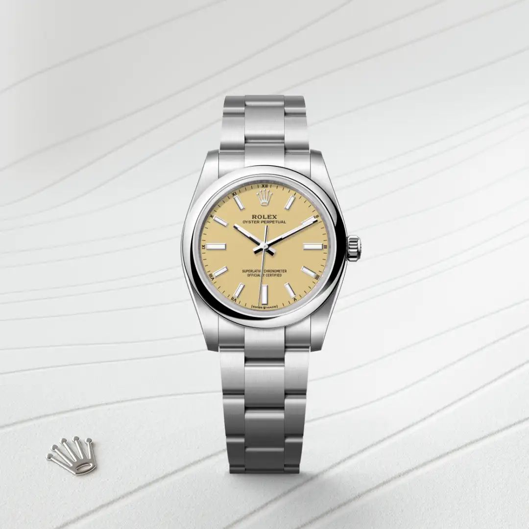 Rolex Oyster Perpetual 34 in Acciaio Oystersteelcon “Pavé madreperla farfalle”, lunetta Bombata, bracciale Acciaio Oystersteel