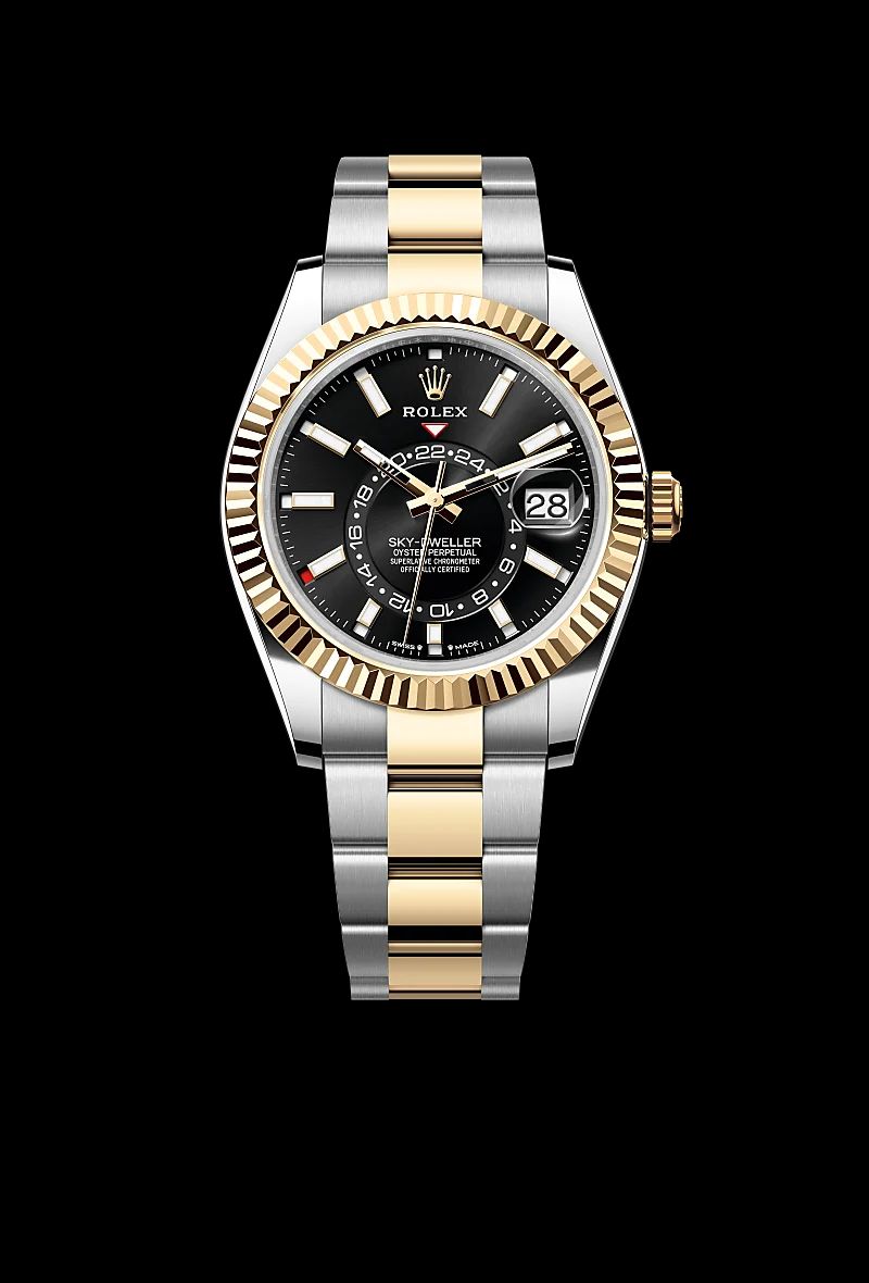 Rolex Sky-Dweller in Acciaio Oystersteelcon “Pavé madreperla farfalle”, lunetta Bombata, bracciale Acciaio Oystersteel