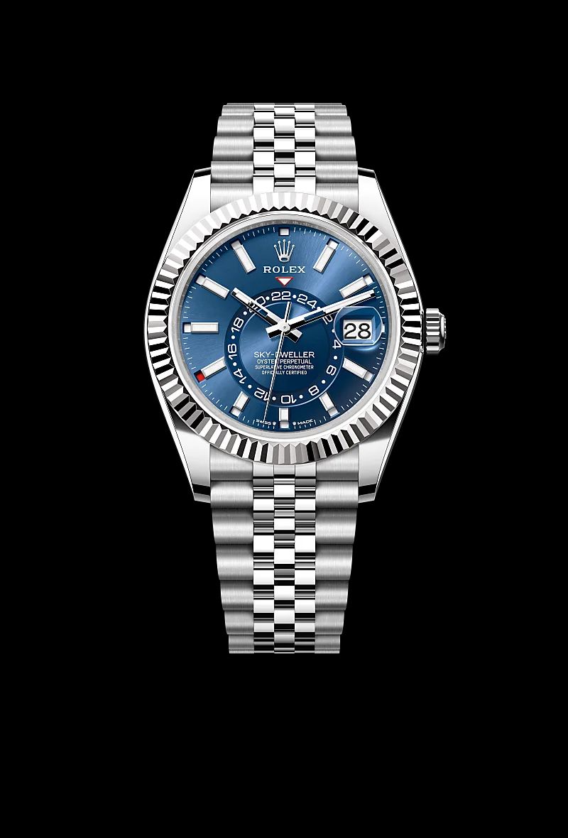 Rolex Sky-Dweller in Acciaio Oystersteelcon “Pavé madreperla farfalle”, lunetta Bombata, bracciale Acciaio Oystersteel