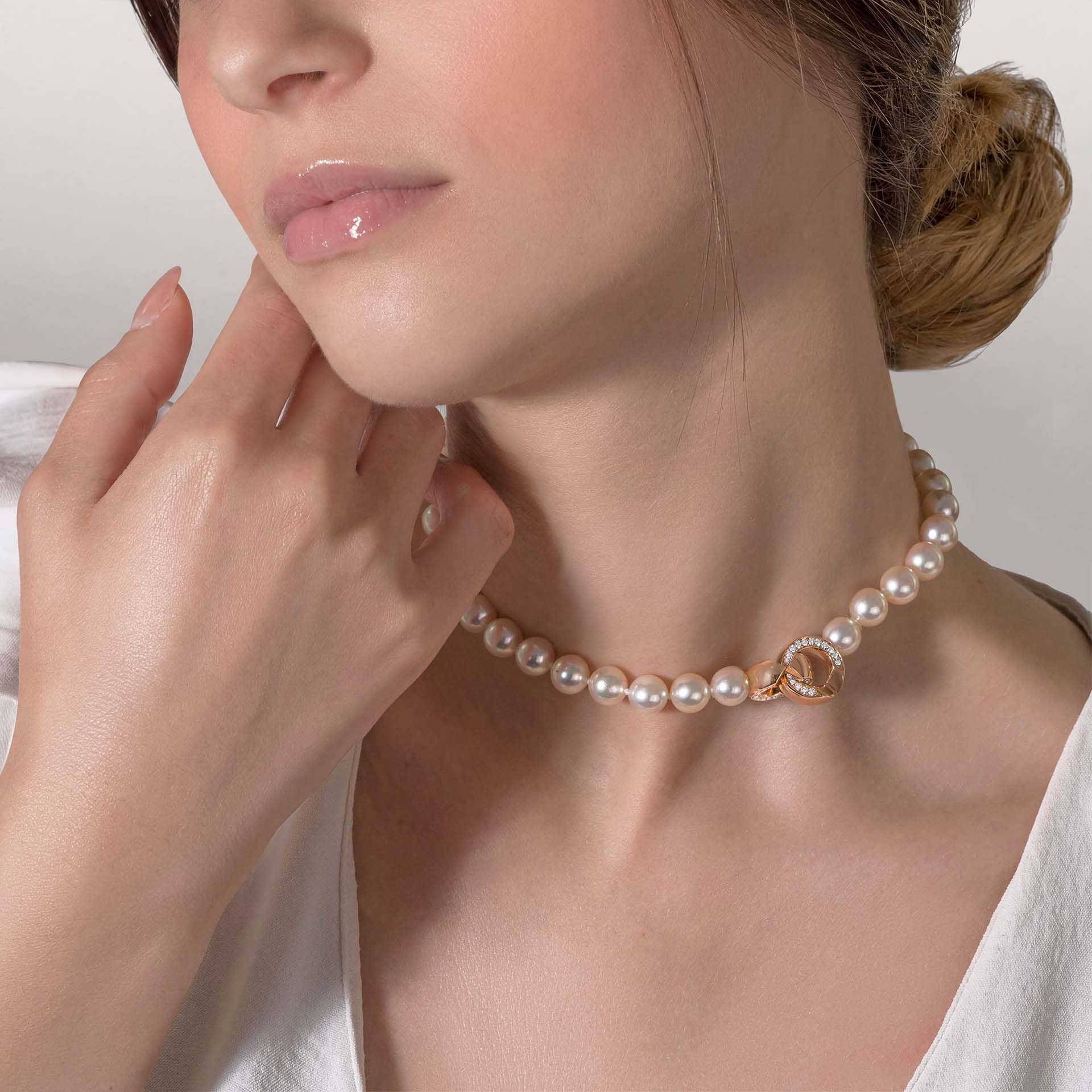 ASTRUA Collana Diva, Perle Akoya, Oro Rosa, Diamanti  DI65DL2C-PAK8-8,5