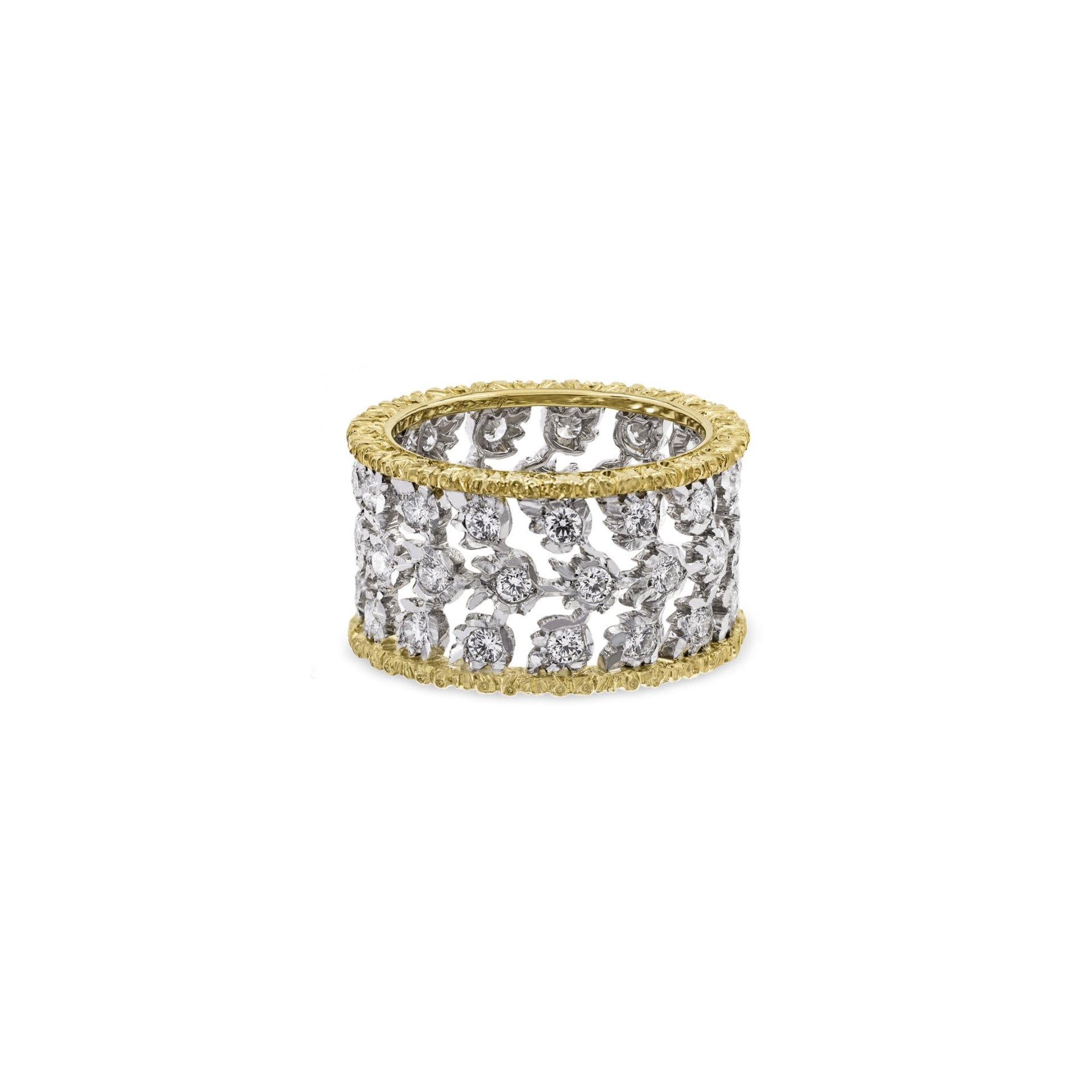 Buccellati Anello Eternelle Ramage in Oro Bianco e Giallo con Diamanti Stile Fogliette  JAUETE008920