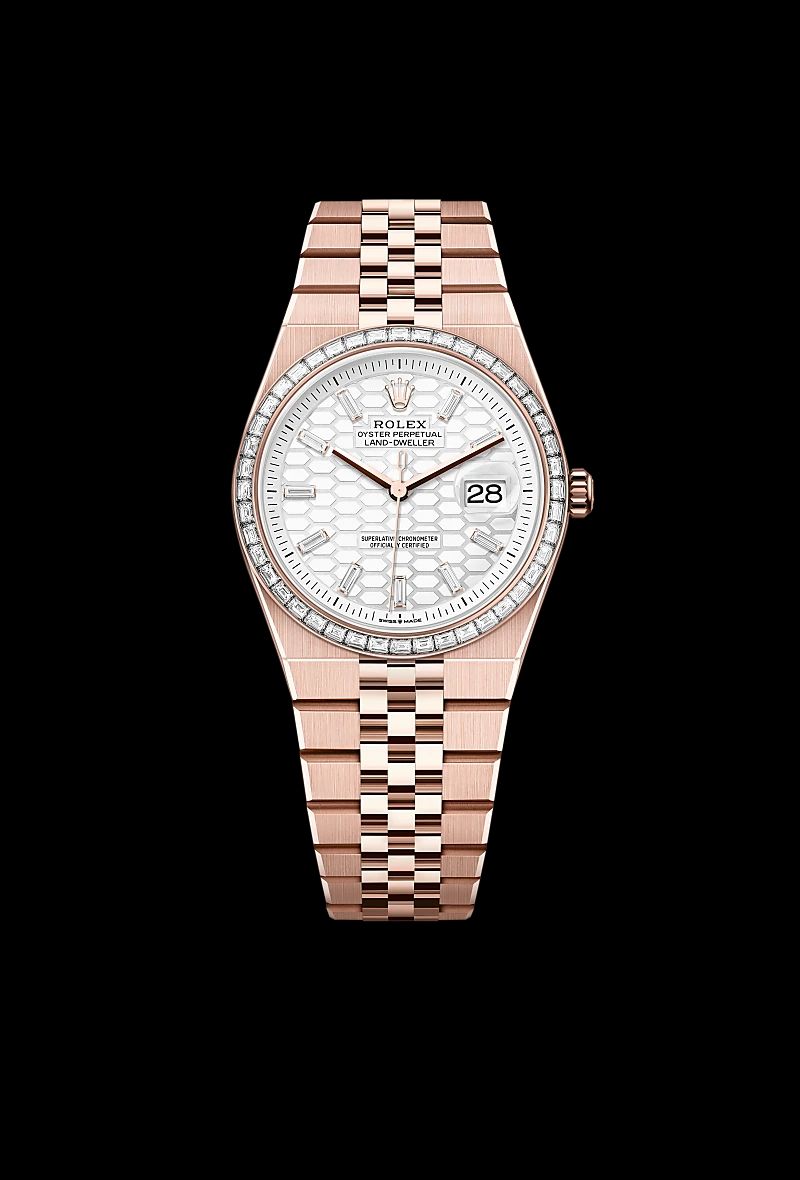 Rolex Land-Dweller 36 in Acciaio Oystersteelcon “Pavé madreperla farfalle”, lunetta Bombata, bracciale Acciaio Oystersteel