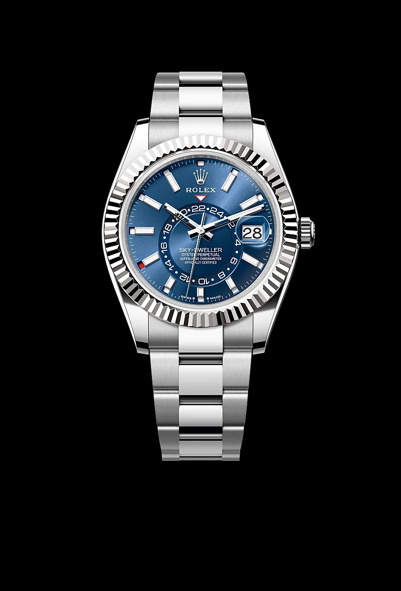 Rolex Sky-Dweller in Acciaio Oystersteelcon “Pavé madreperla farfalle”, lunetta Bombata, bracciale Acciaio Oystersteel