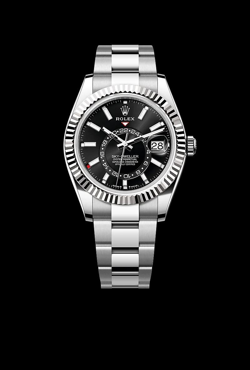 Rolex Sky-Dweller in Acciaio Oystersteelcon “Pavé madreperla farfalle”, lunetta Bombata, bracciale Acciaio Oystersteel
